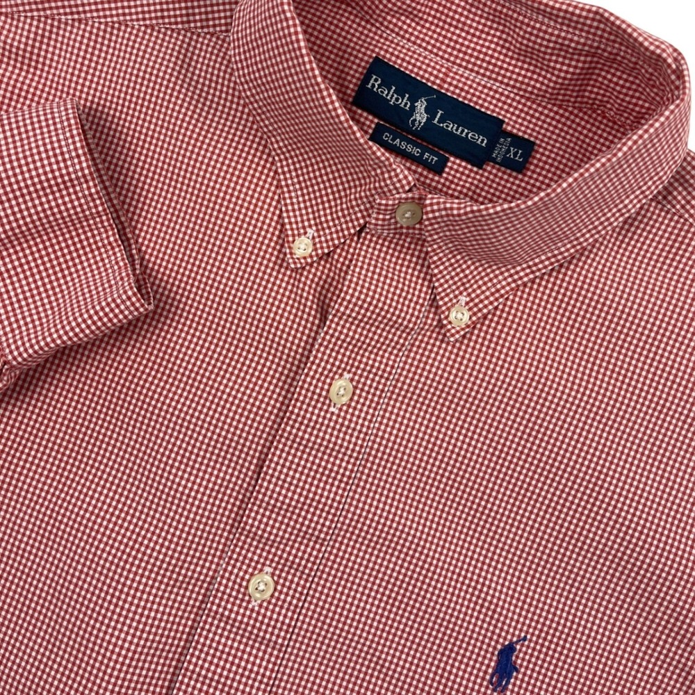 Ralph Lauren Red White Gingham Button Down Shirt Men XL Long Sleeve Picnic Plaid